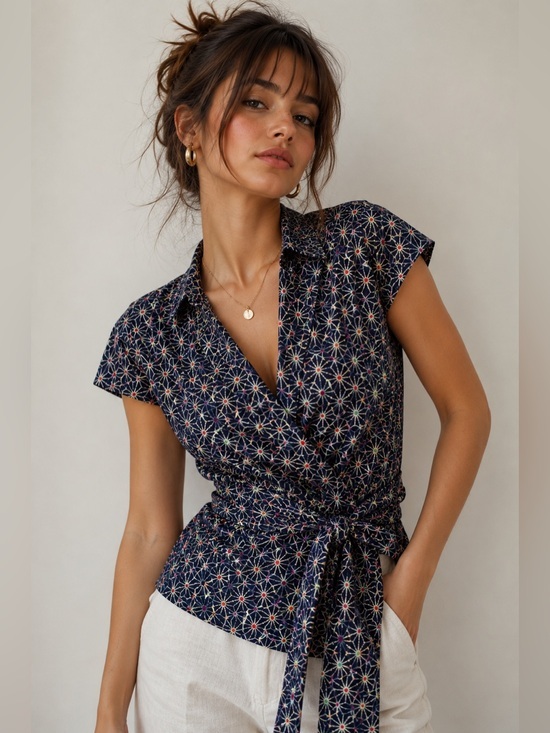 Antoine & Lili Tops - Antoine & Lili Paris 100% Cotton Wrap Blouse Navy Funky Geometric Print Size S